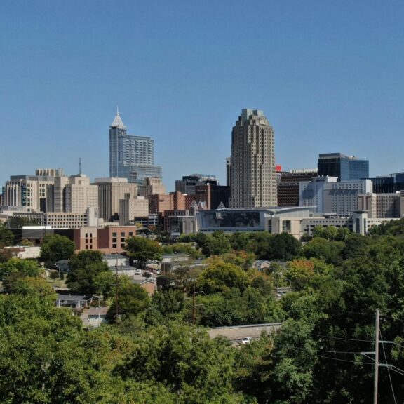 view of buildings in downtown raleigh, north carolina from afar